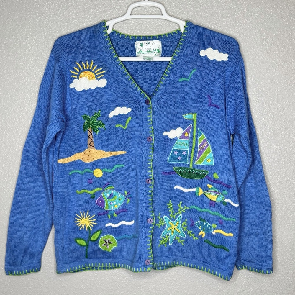 VTG Quacker Factory Cardigan Sweater‎ Nautical Fish Sailboat Blue Knit Top L